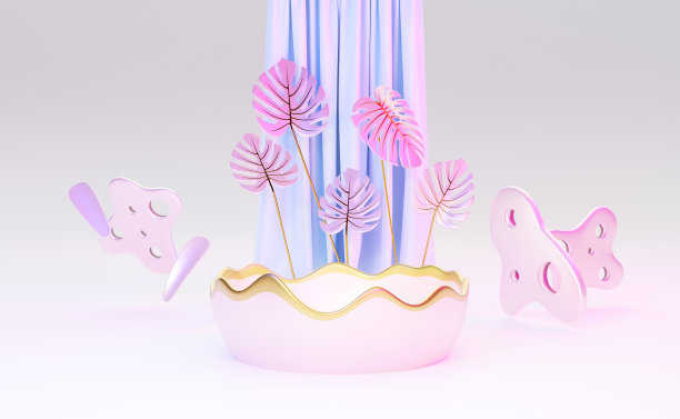 椭圆形浴缸和窗帘叶怪物在白色的组成现代舞台展示和极简主义的模型，抽象的橱窗背景，概念3d插图或3d renden图片下载