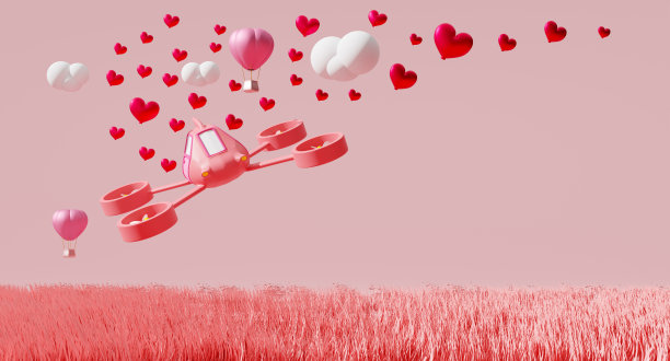 送货无人机和红色心形气球与草在粉色粉彩组成情人节的概念，抽象橱窗背景，3d插图或3d渲染图片下载