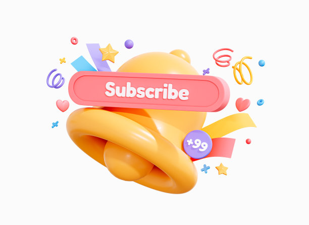 3D订阅铃铛通知与五彩纸屑。恭喜你有了新的社交媒体粉丝。社交网络的新用户。卡通创意设计图标孤立在白色背景。三维渲染图片下载