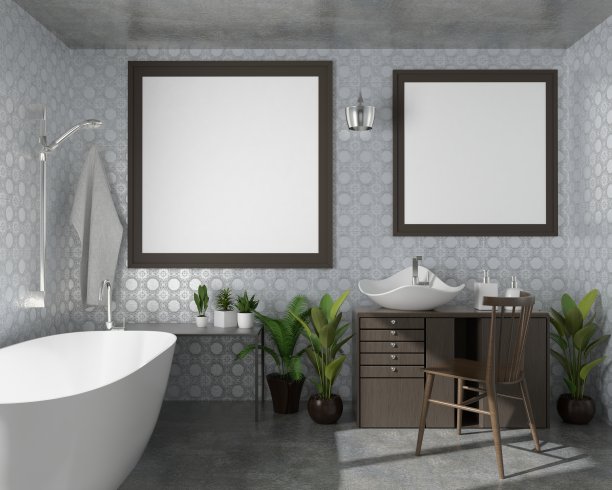 模拟海报框架在大理石地板现代室内浴室与浴缸隔离在光背景，3D渲染，3D插图图片下载