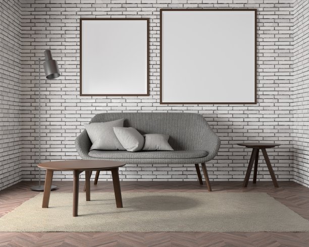 在客厅沙发后面，在明亮的背景上独立的木制地板海报框架的模拟，3D渲染，3D插图图片下载