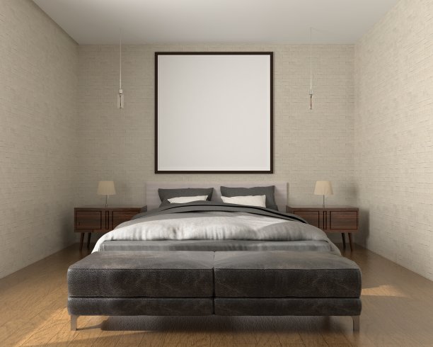 模拟海报框架在木地板现代室内的床后面，在卧室隔离光背景，3D渲染，3D插图图片下载