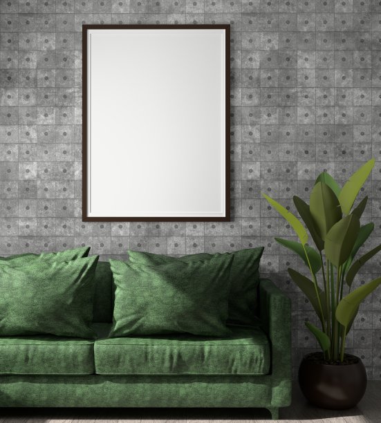 模拟海报框架在木地板现代室内客厅沙发后面孤立在黑暗背景，3D渲染，3D插图图片下载
