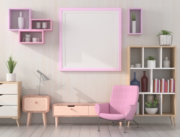 模拟海报框架在木地板现代室内桌面在客厅孤立的光背景，3D渲染，3D插图图片下载