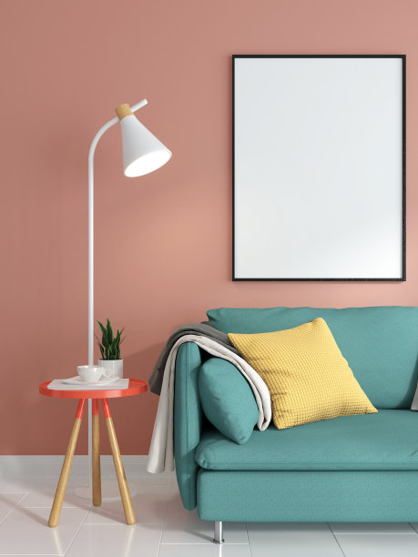 在客厅沙发后面，在明亮的背景上独立的木制地板海报框架的模拟，3D渲染，3D插图图片下载