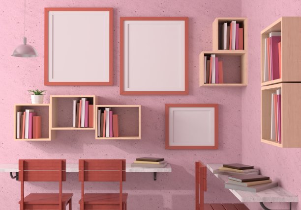 模拟海报框架在木地板现代室内在客厅椅子旁边孤立的光背景，3D渲染，3D插图图片下载