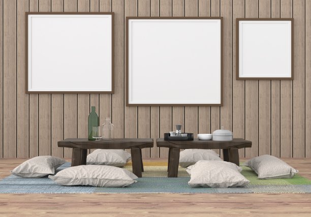 模拟海报框架在木地板现代室内桌面在客厅孤立的光背景，3D渲染，3D插图图片下载