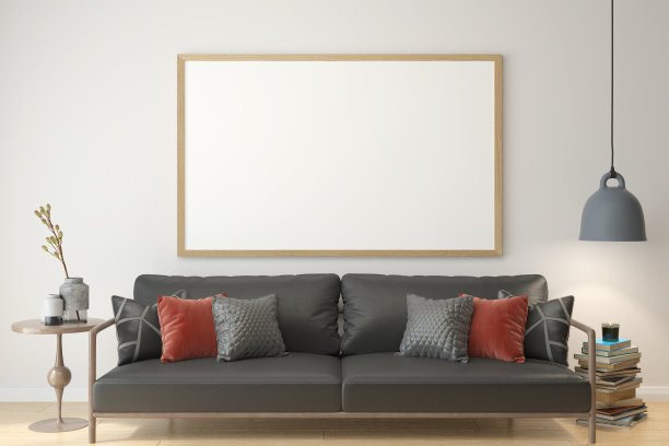 在客厅沙发后面，在明亮的背景上独立的木制地板海报框架的模拟，3D渲染，3D插图图片下载