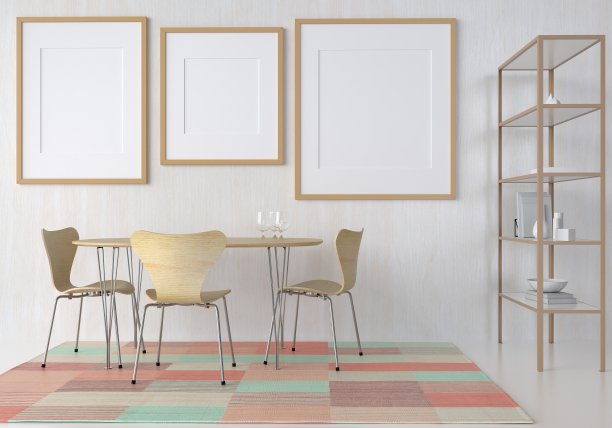 模拟海报框架在木地板现代室内桌面在客厅孤立的光背景，3D渲染，3D插图图片下载