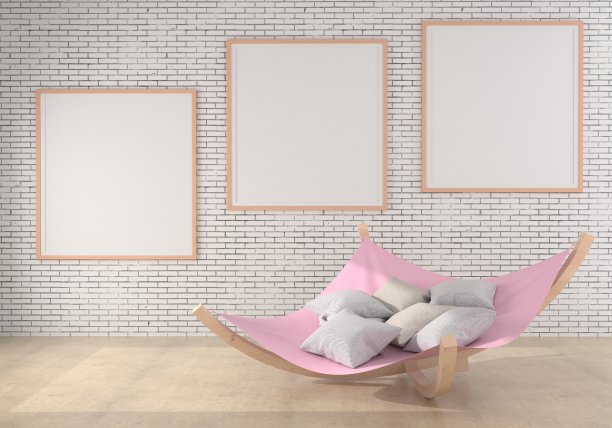 模拟海报框架在木地板现代室内在客厅椅子旁边孤立的光背景，3D渲染，3D插图图片下载