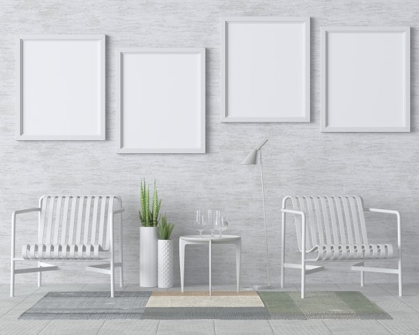 模拟海报框架在木地板现代室内在客厅椅子旁边孤立的光背景，3D渲染，3D插图图片下载