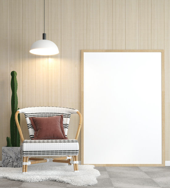 模拟海报框架在木地板现代室内在客厅椅子旁边孤立的光背景，3D渲染，3D插图图片下载