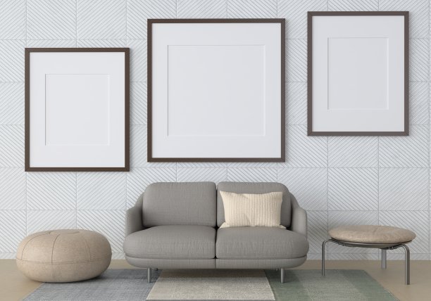 在客厅沙发后面，在明亮的背景上独立的木制地板海报框架的模拟，3D渲染，3D插图图片下载