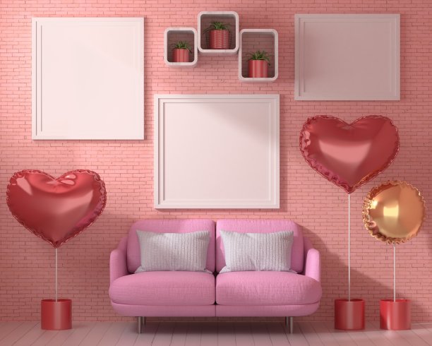 模拟的海报框架在木地板情人节概念现代室内沙发后面在客厅与爱情形状气球隔离在光背景，3D渲染，3D插图图片下载