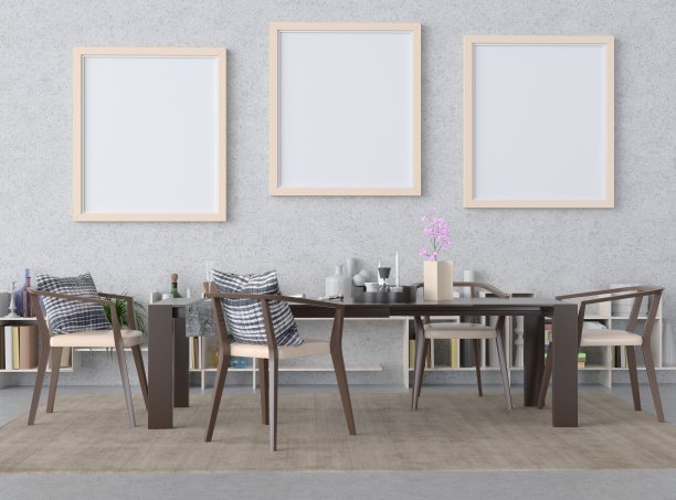 模拟海报框架在木地板现代室内桌面在客厅孤立的光背景，3D渲染，3D插图图片下载