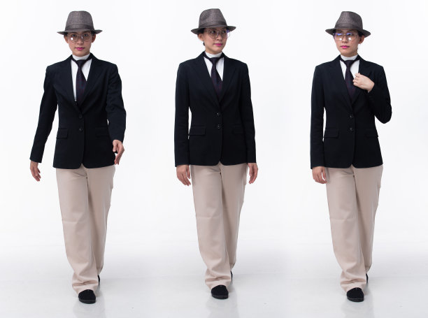 全身20多岁的亚洲女性，西装、领带、裙子、裤子、帽子、眼镜。黑色长直发女觉得开心微笑自信，向前走左转右，白色背景孤僻图片下载