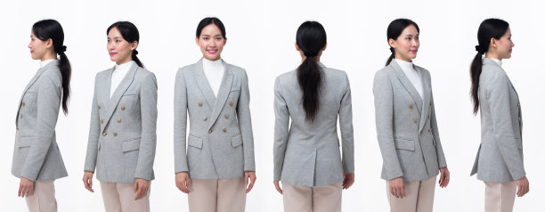 半身20多岁的亚洲女性穿正式的商务西装西装裤鞋。黑色长直发女性感到开心微笑自信，转过360度前侧后背观，白色背景孤立图片下载