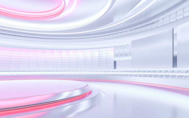 明亮的电视演播室，中央空舞台和粉红色的霓虹灯图片下载