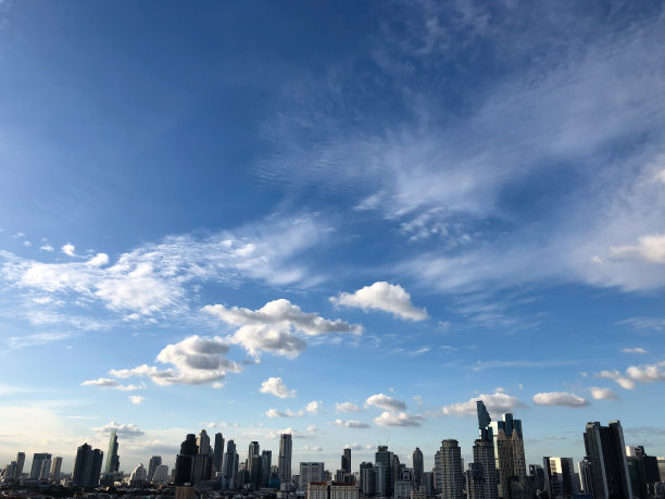 曼谷的城市景观，市中心的摩天大楼，傍晚的阳光图片下载