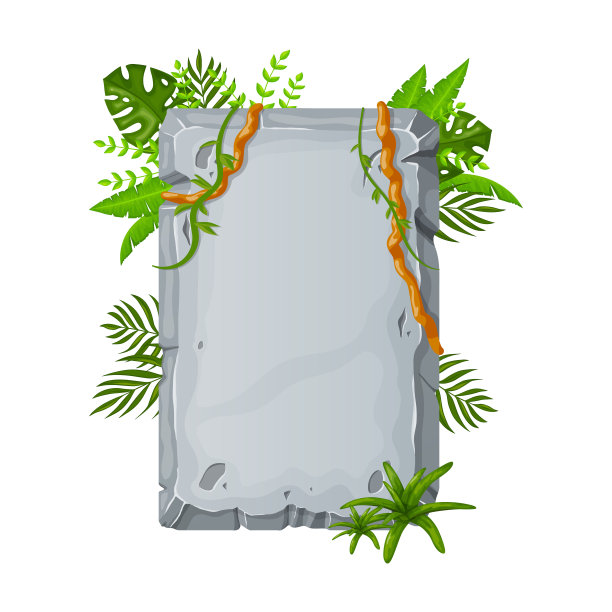 丛林石板与藤蔓树枝和热带树叶。石头旗帜元素的游戏和网页卡通风格。图片下载