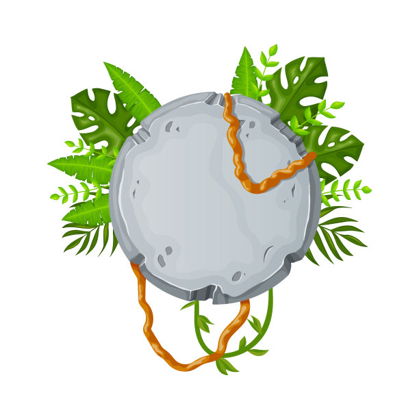 丛林石板与藤蔓树枝和热带树叶。石头旗帜元素的游戏和网页卡通风格。图片下载