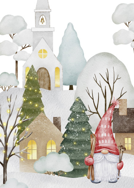 圣诞横幅上有可爱的侏儒，斯堪的纳维亚小镇。有趣的卡通人物。冬季手绘插画。温暖的祝福。新年假期设计卡片，邀请，剪贴簿图片下载