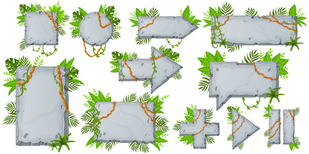 石板套装。石头旗帜元素的游戏和网页卡通风格。图片下载