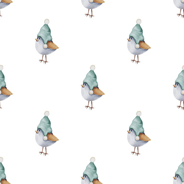 圣诞无缝模式与可爱的鸟在帽子。有趣的卡通人物。冬天的背景。手绘插图。新年假期设计为卡片，墙纸，剪贴簿，包装，纺织品图片下载