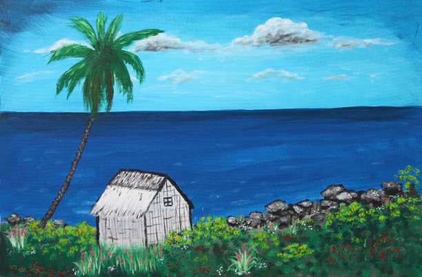 热带海洋旁的白色沙滩小屋图片下载