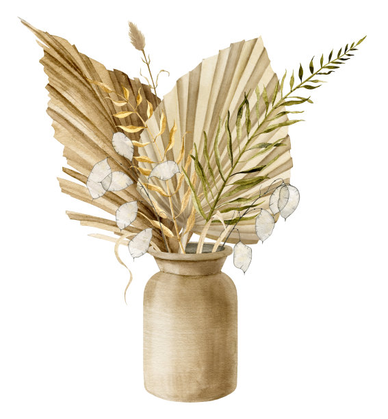 陶瓷花瓶里的干植物。水彩手绘插图与干棕榈叶和草波西米亚风格的婚礼请柬。波西米亚异域花束。孤立的植物图图片下载