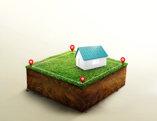 房子标志与定位针图标在隔间土壤和地质横截面与绿色草地，地面生态隔离在浅色。图片下载