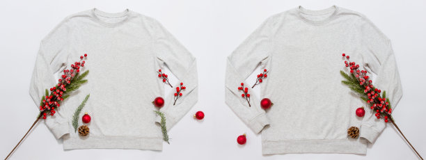 横幅关闭空白模板衬衫，灰色运动衫卫衣与复制空间。圣诞假期概念。顶视图模型毛衫孤立在白色背景。新年装饰快乐。圣诞节jamper图片下载