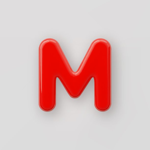 3D红色塑料大写字母M在灰色背景上有光泽的表面。图片下载