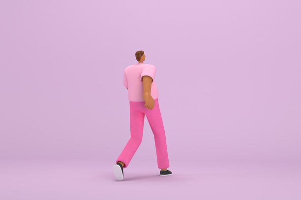那个穿粉色衣服的黑人。他正在走路。动画角色在表演中的三维渲染。图片下载