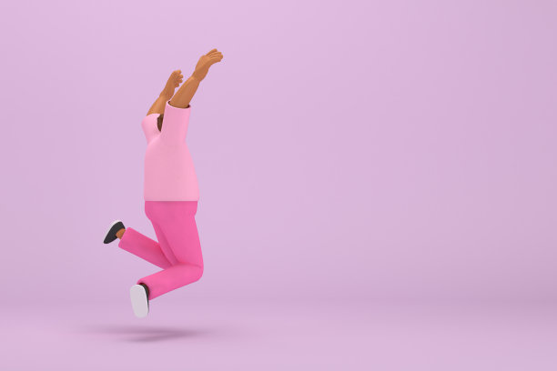 那个穿粉色衣服的黑人。他在跳。动画角色在表演中的三维渲染。图片下载