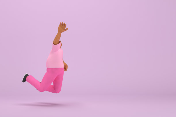 那个穿粉色衣服的黑人。他在跳。动画角色在表演中的三维渲染。图片下载