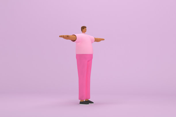 那个穿粉色衣服的黑人。他双臂张开站着。动画角色在表演中的三维渲染。图片下载