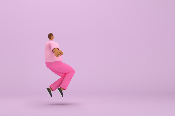 那个穿粉色衣服的黑人。他在跳。动画角色在表演中的三维渲染。图片下载