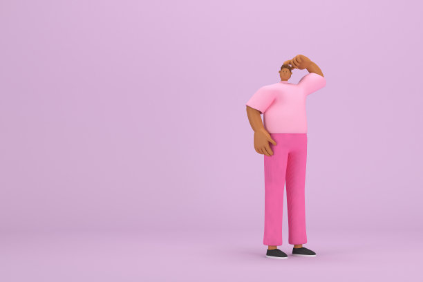 那个穿粉色衣服的黑人。他说话时用手和身体的表情。动画角色在表演中的三维渲染。图片下载