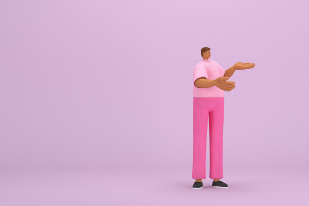 那个穿粉色衣服的黑人。他说话时用手和身体的表情。动画角色在表演中的三维渲染。图片下载