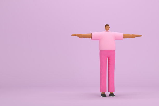 那个穿粉色衣服的黑人。他双臂张开站着。动画角色在表演中的三维渲染。图片下载