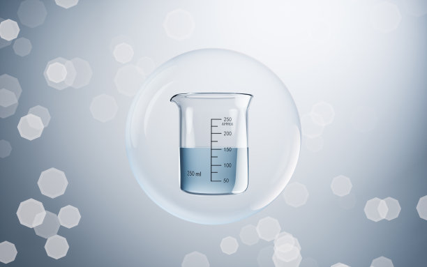 蓝色背景的化学烧杯，3d渲染。图片下载