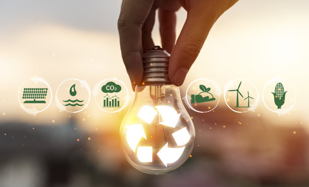 手持灯泡，内部有可回收标志，背面有图标，可再生能源，可持续发展。图片下载