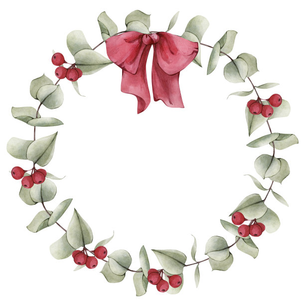 手绘水彩绿色桉树叶与红色蝴蝶结花环完美的圣诞和新年的问候，邀请，感恩节卡片设计图片下载