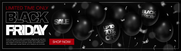 “黑色星期五”。销售折扣高达七折。长水平横幅与黑色气球和文字。矢量现代时尚的3D插图。图片下载