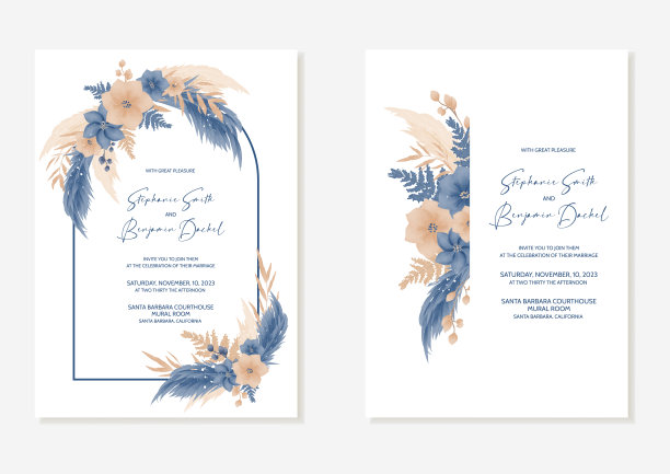 波西米亚，乡村的婚礼邀请模板潘帕斯草原和植被在米色，蓝色。向量图片下载