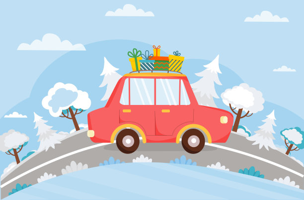 载着圣诞礼物的红色汽车开在路上。冬季背景与汽车，道路，树木，冷杉树。圣诞节，新年，寒假。平面风格的矢量插图。图片下载