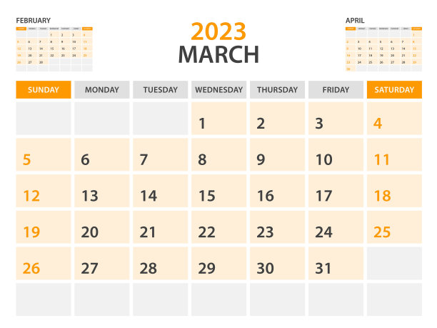2023日历模板- 2023年3月，月度计划表，2023台历模板，挂历设计，周日开始，文具，印刷，办公室组织者矢量，橙色背景图片下载