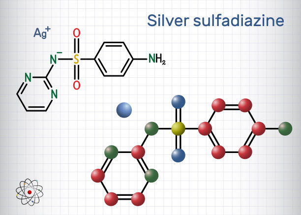 磺胺嘧啶银分子。它是磺胺类抗生素，用于治疗烧伤。结构化学式，分子模型。一张放在笼子里的纸图片下载