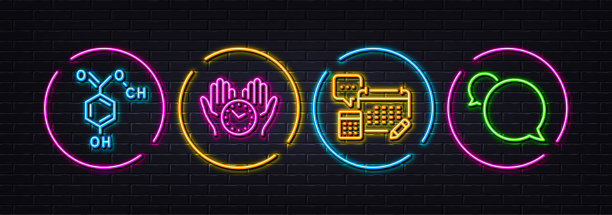 化学式，安全时间和帐户最小线图标。对于网页应用，打印。氖激光3d灯。向量图片下载